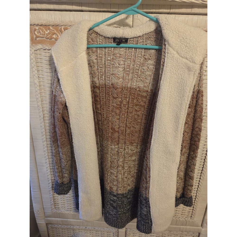 Lety & Me Hooded Cable Knit Cardigan Sweater S Colorblock Open Front Sherpa Trim